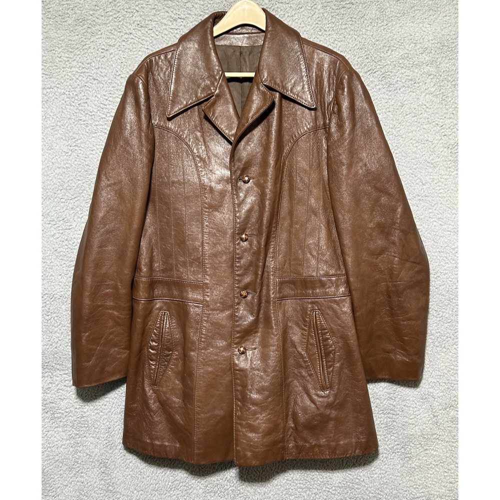 Vintage 1970s Original Peter Caruso Brown Leather Button Jacket Mens Sz 48